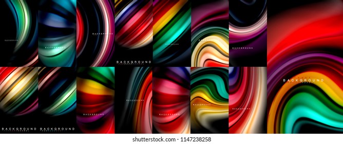 Colección de mega fondo abstracto de flujo de color fluido, diseños modernos de flujo colorido, ondas líquidas sobre negro. Ilustración del vector