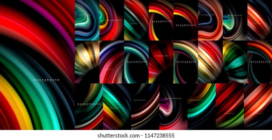 Fluid color flow abstract background mega collection, modern colorful flowing designs, liquid waves on black. Vector illustration