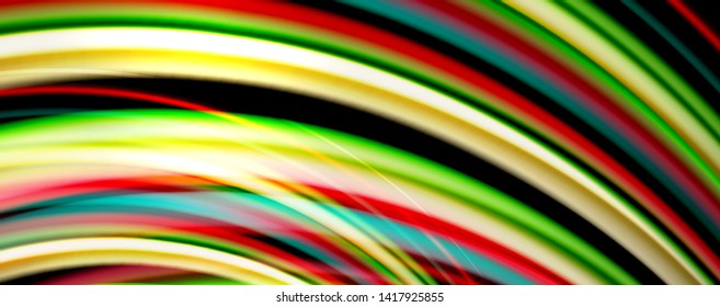 Cor fluida estilo arco-íris onda fundo abstrato, techno design moderno em preto. Vetor