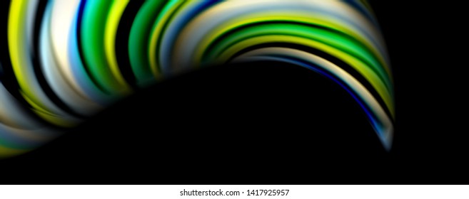 Fluid color rainbow style wave abstract background, techno modern design on black. Vector