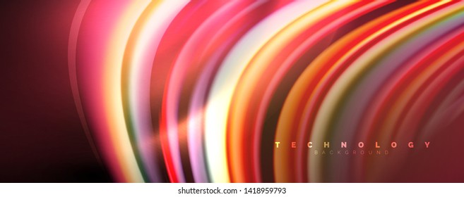Fluid color rainbow style wave abstract background, techno modern design on black. Vector