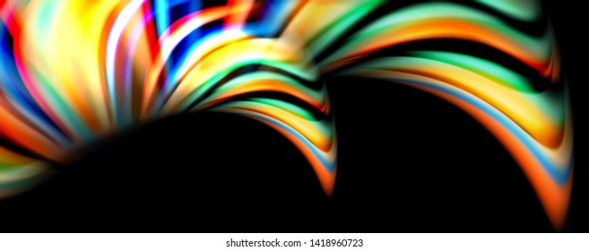 Color fluido estilo arcoiris ondulación fondo abstracto, diseño tecno moderno sobre negro. Vector