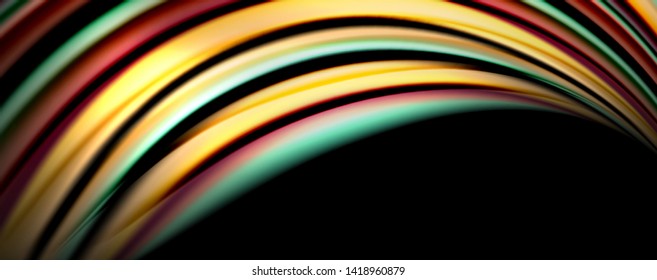 Fluid color rainbow style wave abstract background, techno modern design on black. Vector