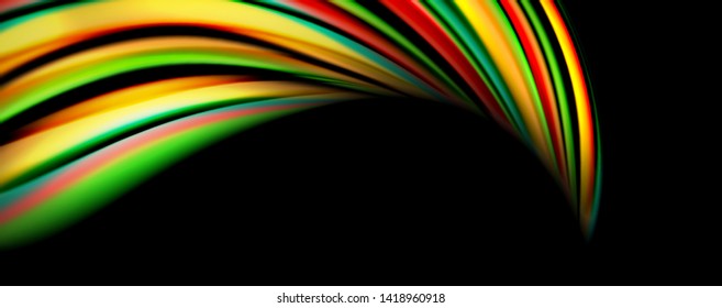 Fluid color rainbow style wave abstract background, techno modern design on black. Vector