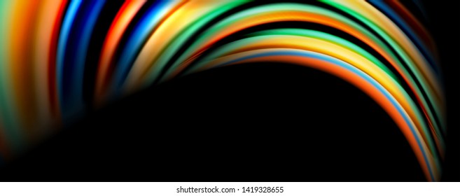 Fluid color rainbow style wave abstract background, techno modern design on black. Vector