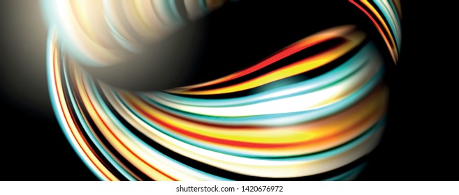 Fluid color rainbow style wave abstract background, techno modern design on black. Vector
