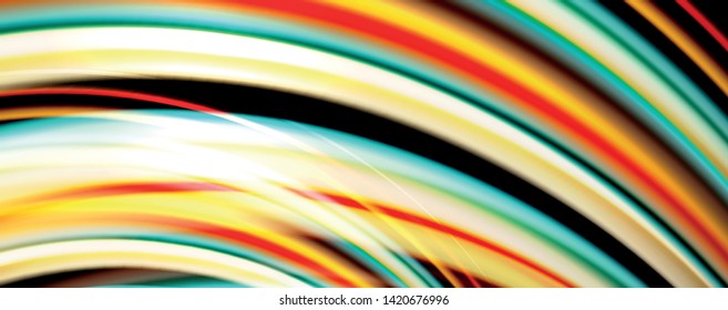 Fluid color rainbow style wave abstract background, techno modern design on black. Vector