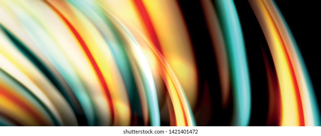 Fluid color rainbow style wave abstract background, techno modern design on black. Vector