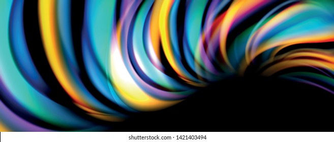 Fluid color rainbow style wave abstract background, techno modern design on black. Vector