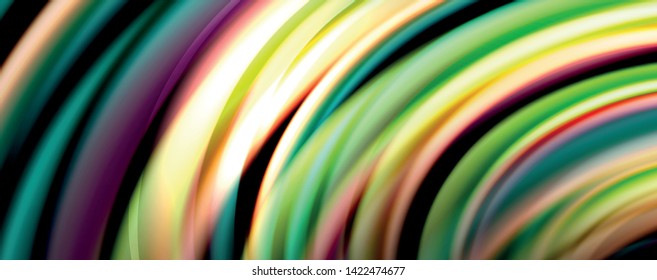 Fluid color rainbow style wave abstract background, techno modern design on black. Vector