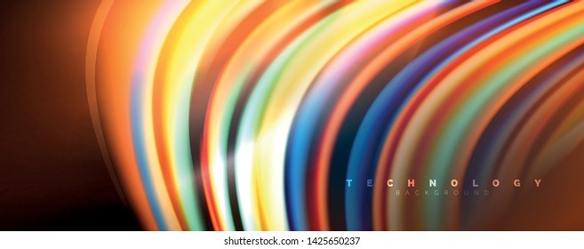 Fluid color rainbow style wave abstract background, techno modern design on black. Vector