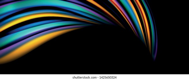 Fluid color rainbow style wave abstract background, techno modern design on black. Vector