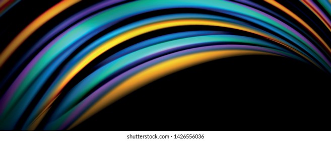Fluid color rainbow style wave abstract background, techno modern design on black. Vector