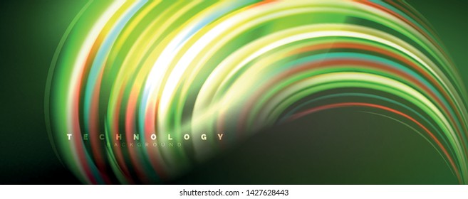 Fluid color rainbow style wave abstract background, techno modern design on black. Vector