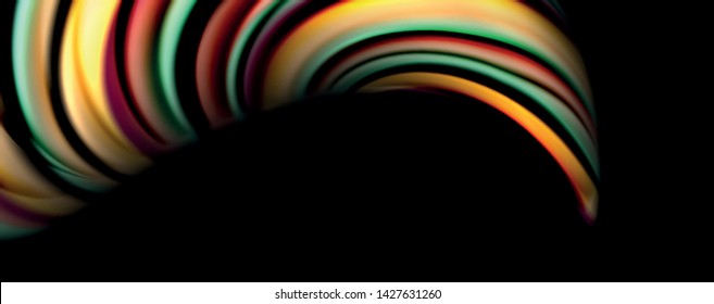 Fluid color rainbow style wave abstract background, techno modern design on black. Vector