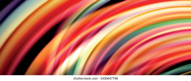 Fluid color rainbow style wave abstract background, techno modern design on black. Vector
