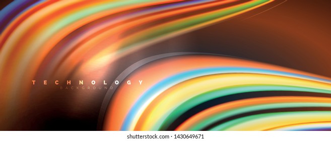 Fluid color rainbow style wave abstract background, techno modern design on black. Vector