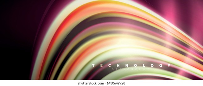 Fluid color rainbow style wave abstract background, techno modern design on black. Vector