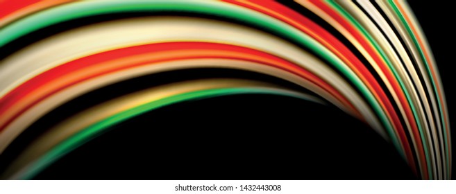 Fluid color rainbow style wave abstract background, techno modern design on black. Vector