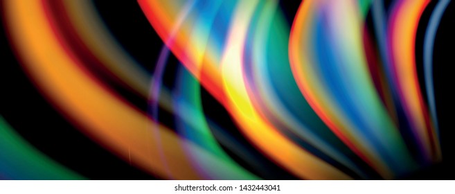 Fluid color rainbow style wave abstract background, techno modern design on black. Vector