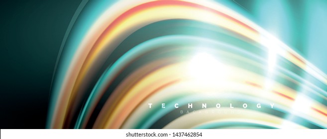 Fluid color rainbow style wave abstract background, techno modern design on black. Vector