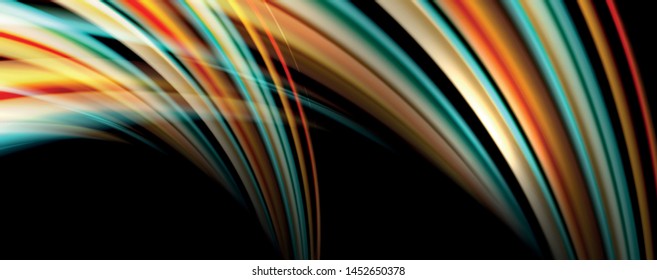 Fluid color rainbow style wave abstract background, techno modern design on black. Vector
