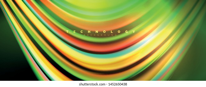 Fluid color rainbow style wave abstract background, techno modern design on black. Vector