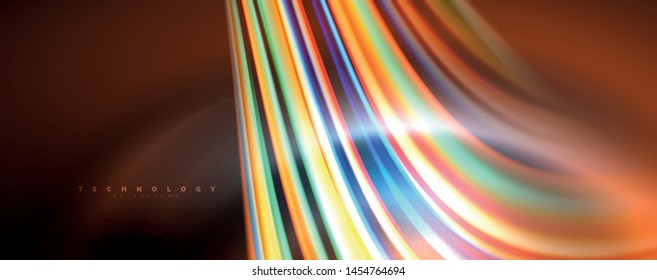 Cor fluida estilo arco-íris onda fundo abstrato, techno design moderno em preto. Vetor