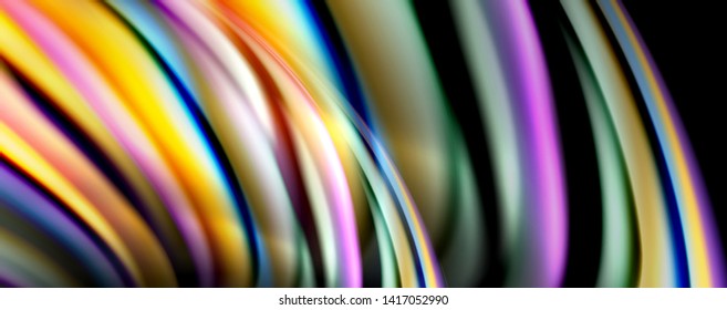 Fluid color swirls on black. Modern background with trendy design. Vector rainbow style