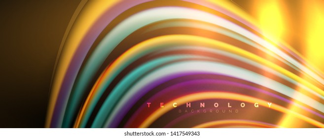 Fluid color swirls on black. Modern background with trendy design. Vector rainbow style