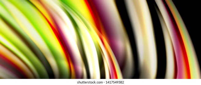 Fluid color swirls on black. Modern background with trendy design. Vector rainbow style