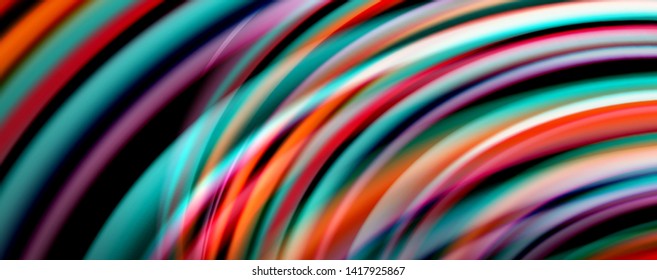 Fluid color swirls on black. Modern background with trendy design. Vector rainbow style