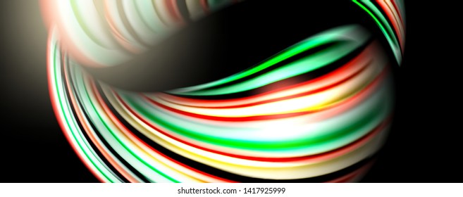 Fluid color swirls on black. Modern background with trendy design. Vector rainbow style