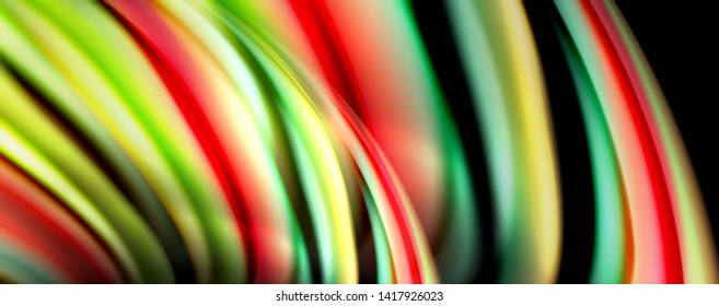 Fluid color swirls on black. Modern background with trendy design. Vector rainbow style