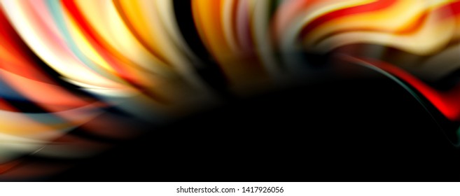 Fluid color swirls on black. Modern background with trendy design. Vector rainbow style