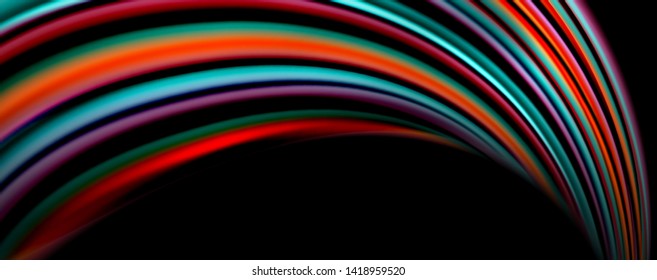 Fluid color swirls on black. Modern background with trendy design. Vector rainbow style