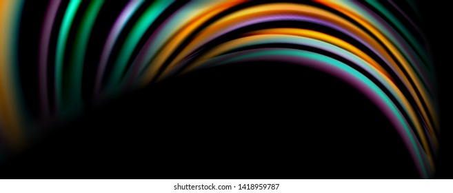 Fluid color swirls on black. Modern background with trendy design. Vector rainbow style