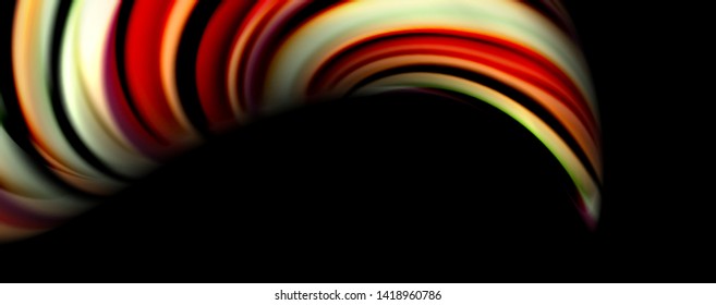 Fluid color swirls on black. Modern background with trendy design. Vector rainbow style