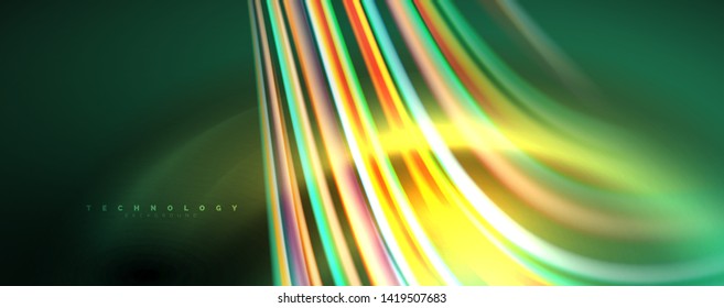 Fluid color swirls on black. Modern background with trendy design. Vector rainbow style