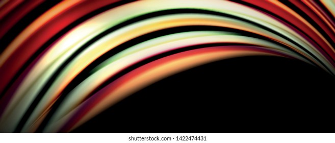 Fluid color swirls on black. Modern background with trendy design. Vector rainbow style