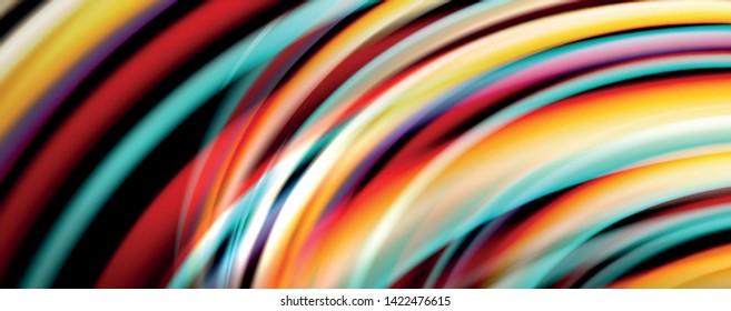 Fluid color swirls on black. Modern background with trendy design. Vector rainbow style