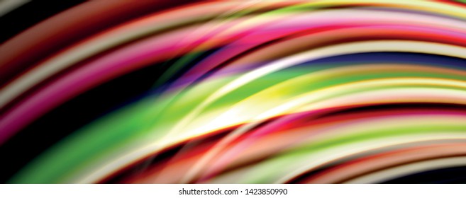 Fluid color swirls on black. Modern background with trendy design. Vector rainbow style