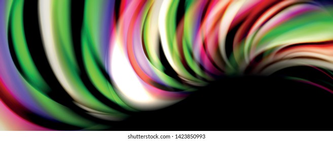 Fluid color swirls on black. Modern background with trendy design. Vector rainbow style
