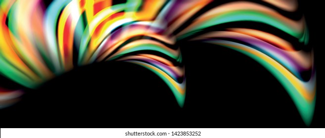 Fluid color swirls on black. Modern background with trendy design. Vector rainbow style