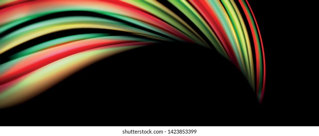 Fluid color swirls on black. Modern background with trendy design. Vector rainbow style