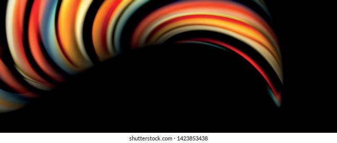 Fluid color swirls on black. Modern background with trendy design. Vector rainbow style
