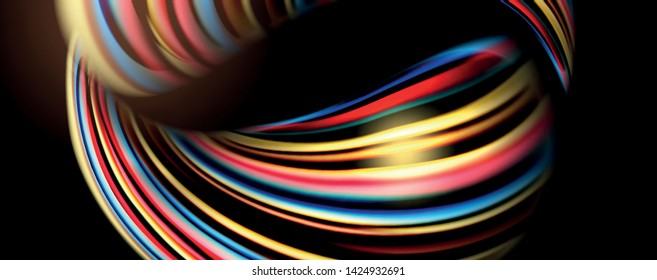 Fluid color swirls on black. Modern background with trendy design. Vector rainbow style