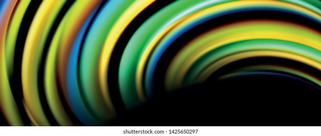 Fluid color swirls on black. Modern background with trendy design. Vector rainbow style