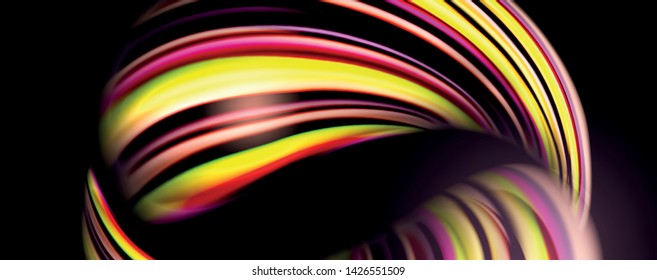 Fluid color swirls on black. Modern background with trendy design. Vector rainbow style