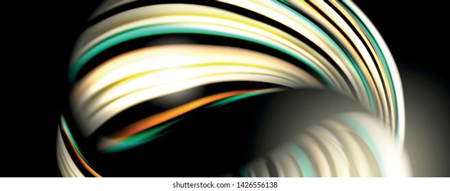 Fluid color swirls on black. Modern background with trendy design. Vector rainbow style